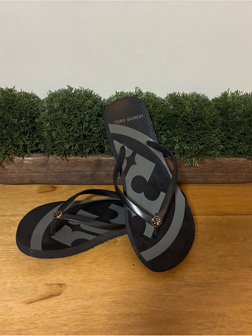 Tory Burch Black and Gray Logo Flip Flop Sandals